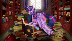 Size: 1600x900 | Tagged: safe, artist:szafir87, twilight sparkle, alicorn, pony, g4, book, female, library, mare, reading, solo, twilight sparkle (alicorn)