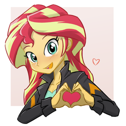 Size: 800x800 | Tagged: safe, artist:ta-na, sunset shimmer, equestria girls, blushing, bust, clothes, cute, female, heart, heart hands, looking at you, moe moe kyun, open mouth, shimmerbetes, smiling, solo