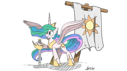 Size: 1366x768 | Tagged: safe, artist:asg-ready, princess celestia, g4, banner, female, simple background, solo, spread wings, sword