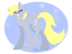 Size: 1024x768 | Tagged: safe, artist:howlingnightmare, derpy hooves, pegasus, pony, g4, blushing, eyes closed, female, fluffy, grin, mare, solo