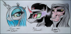 Size: 3700x1800 | Tagged: safe, artist:spinoone, king sombra, lord tirek, queen chrysalis, g4, big eyes, traditional art