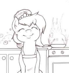 Size: 571x602 | Tagged: safe, artist:i am nude, oc, oc only, oc:brownie bun, earth pony, pony, apron, bubble, burning, clothes, eyes closed, female, fire, foam, frying pan, grayscale, happy, kitchen, mare, monochrome, simple background, smiling, solo, white background