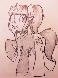 Size: 956x1280 | Tagged: safe, artist:moozua, oc, oc only, pony, unicorn, clothes, collar, hoodie, monochrome, solo, traditional art