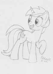 Size: 751x1063 | Tagged: safe, artist:poldekpl, lyra heartstrings, pony, unicorn, g4, background pony, female, looking back, monochrome, pencil drawing, raised hoof, sketch, smiling, solo, traditional art