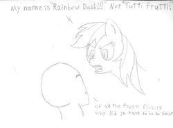 Size: 903x672 | Tagged: safe, artist:scraggleman, rainbow dash, oc, oc:anon, human, g4, angry, anonymous, monochrome, silly, sketch, traditional art, tutti frutti (food)