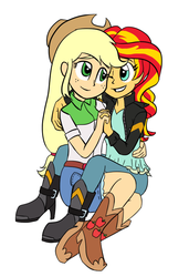 Size: 542x794 | Tagged: safe, artist:catlover1672, applejack, sunset shimmer, equestria girls, g4, my little pony equestria girls: rainbow rocks, female, holding hands, lesbian, ship:appleshimmer, shipping