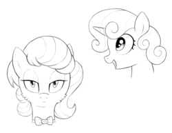 Size: 1200x925 | Tagged: safe, artist:kas92, octavia melody, sweetie belle, g4, cheek fluff, fluffy, lineart, monochrome