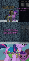 Size: 1024x2112 | Tagged: safe, artist:php74, amethyst star, doctor whooves, sparkler, time turner, earth pony, pony, g4, slice of life (episode), winter wrap up, 3d, comic, gmod, headcanon, male, oh come on, purple text, stallion, tardis