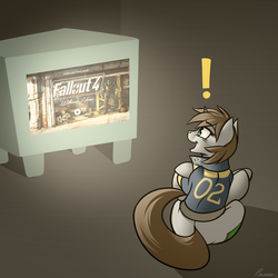 Size: 1280x1280 | Tagged: safe, artist:whitepone, oc, oc only, oc:littlepip, pony, unicorn, fallout equestria, clothes, crossover, exclamation point, fallout, fallout 4, fanfic, fanfic art, female, jumpsuit, mare, solo, television, vault suit