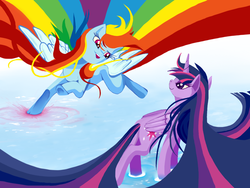 Size: 1024x768 | Tagged: safe, artist:tuffylive, rainbow dash, twilight sparkle, alicorn, pony, g4, duo, female, flowing mane, mare, twilight sparkle (alicorn), underhoof, water