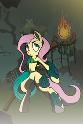 Size: 2000x3000 | Tagged: safe, artist:dfectivedvice, artist:jackiephantom13, artist:pananovich, fluttershy, pegasus, pony, semi-anthro, g4, arm hooves, belly button, bipedal, druid, female, fire, flutterbadass, flutterdruid, high res, solo, staff, unconvincing armor
