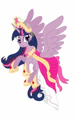 Size: 800x1280 | Tagged: safe, artist:theroyalprincesses, twilight sparkle, alicorn, pony, g4, clothes, coronation dress, crown, dress, element of magic, female, flying, looking at you, mare, solo, spread wings, twilight sparkle (alicorn)