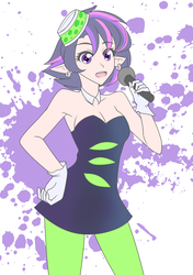 Size: 1403x1994 | Tagged: safe, artist:jonfawkes, twilight sparkle, human, g4, alternate hairstyle, armpits, cleavage, clothes, cosplay, ear piercing, elf ears, female, gloves, humanized, marie, microphone, piercing, punklight sparkle, shoulderless, singing, solo, splatoon