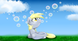 Size: 2300x1209 | Tagged: safe, artist:alazak, derpy hooves, pegasus, pony, g4, bubble, female, mare, solo