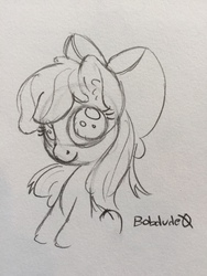 Size: 960x1280 | Tagged: safe, artist:bobdude0, apple bloom, g4, cute, female, looking at you, monochrome, sitting, sketch, smiling, solo, traditional art