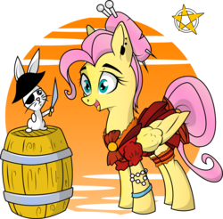 Size: 2830x2785 | Tagged: safe, artist:amberpendant, angel bunny, fluttershy, pegasus, pony, rabbit, g4, alternate hairstyle, animal, barrel, clothes, dress, eyepatch, female, hat, high res, mare, pirate, simple background, sword, transparent background