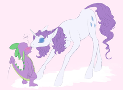 Size: 1100x800 | Tagged: safe, artist:jakneurotic, rarity, spike, dragon, pony, unicorn, g4, blushing, female, interspecies, kissing, male, mare, ship:sparity, shipping, size difference, something else also rises, straight, tailboner