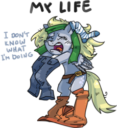 Size: 946x1031 | Tagged: safe, artist:kyaokay, derpy hooves, pegasus, pony, g4, belt, clothes, female, mare, pants, socks, solo