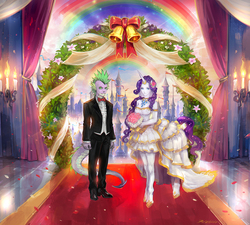 Size: 1000x899 | Tagged: safe, artist:kazeco, rarity, spike, centaur, ponytaur, taur, g4, candle, female, human facial structure, humanized, male, mohawk, pixiv, rainbow, ship:sparity, shipping, straight, tailed humanization, wedding