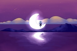 Size: 1800x1200 | Tagged: safe, artist:crazypon3, princess luna, anthro, g4, clothes, cloud, crescent moon, female, lake, moon, mountain, s1 luna, scenery, shooting star, solo, tangible heavenly object, transparent moon