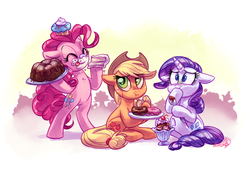 Size: 2000x1350 | Tagged: safe, artist:whitediamonds, applejack, pinkie pie, rarity, earth pony, pony, unicorn, rarijack daily, g4, applejack's hat, bipedal, cake, cowboy hat, cupcake, cute, donut, female, food, freckles, hat, ice cream, lesbian, mare, nauseous, overeating, ship:rarijack, shipping, stomach ache, stuffed, sundae, this will end in diabetes, this will end in weight gain, trio
