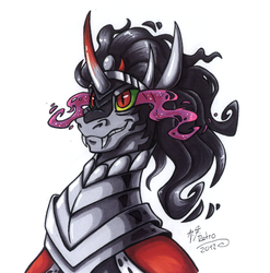 Size: 1109x1121 | Tagged: safe, artist:retromissile, king sombra, pony, umbrum, unicorn, g4, cape, clothes, crown, fangs, jewelry, male, regalia, simple background, solo, stallion, traditional art, white background