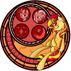 Size: 1500x1500 | Tagged: safe, artist:novaspark, sunset shimmer, trixie, twilight sparkle, pony, unicorn, g4, counterparts, disney, dive to the heart, eyes closed, kingdom hearts, magical trio, simple background, stained glass, transparent background, twilight's counterparts