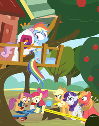 Size: 780x990 | Tagged: safe, artist:dm29, apple bloom, applejack, big macintosh, rainbow dash, rarity, scootaloo, sweetie belle, earth pony, pony, g4, backwards cutie mark, blueprint, clubhouse, context is for the weak, crusaders clubhouse, cutie mark crusaders, hostage, male, stallion, treehouse, watergun