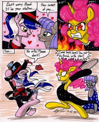 Size: 1024x1257 | Tagged: safe, artist:newyorkx3, maud pie, oc, oc:karen, oc:mikey (legacy), g4, clothes, comic, cupcake, dialogue, heart, kakey, traditional art