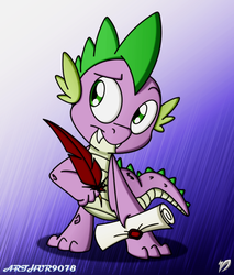 Size: 680x800 | Tagged: safe, artist:arthur9078, artist:dfectivedvice, spike, dragon, g4, baby, baby dragon, colored, cute, fangs, feather, green eyes, letter, male, quill, raised eyebrow, scroll, signature, solo, spikabetes