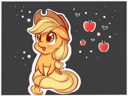 Size: 800x600 | Tagged: safe, artist:von-seay, applejack, g4, apple, chibi, cute, female, floppy ears, food, heart, jackabetes, open mouth, sitting, smiling, solo