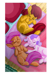 Size: 4131x5840 | Tagged: safe, artist:jeremy3, apple bloom, scootaloo, sweetie belle, earth pony, pony, g4, absurd resolution, cutie mark crusaders, sleeping