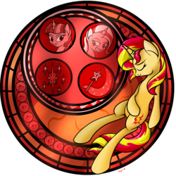 Size: 1500x1500 | Tagged: safe, artist:novaspark, sunset shimmer, trixie, twilight sparkle, pony, unicorn, g4, crossover, disney, dive to the heart, kingdom hearts, stained glass