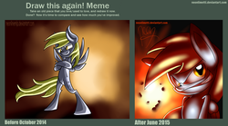 Size: 1300x725 | Tagged: safe, artist:neoncel, derpy hooves, pony, g4, bipedal, comparison, draw this again, explosion, sidemouth