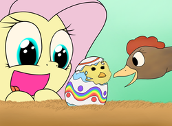 Size: 1600x1176 | Tagged: safe, artist:neitronik, fluttershy, chicken, pony, amazed, chick, cute, egg, fascinated, hatching, hen, looking at something, open mouth, shyabetes, trio, wide eyes