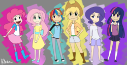 Size: 2434x1260 | Tagged: safe, artist:kprovido, applejack, fluttershy, pinkie pie, rainbow dash, rarity, twilight sparkle, human, g4, clothes, dress, humanized, skirt