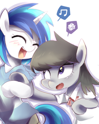 Size: 800x1000 | Tagged: safe, artist:sion-ara, dj pon-3, octavia melody, vinyl scratch, pony, g4, duo, eyes closed, female, happy, lesbian, music notes, open mouth, ship:scratchtavia, shipping