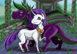 Size: 2480x1754 | Tagged: safe, artist:dinodraketakethecake, rarity, spike, dragon, pony, unicorn, g4, cloven hooves, curved horn, duo, female, fire ruby, horn, male, older, older spike, rose, rose garden, ship:sparity, shipping, straight