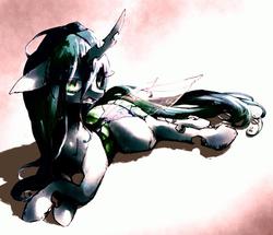 Size: 1000x859 | Tagged: safe, artist:toki, queen chrysalis, changeling, changeling queen, g4, female, mare, prone, solo