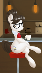 Size: 1000x1737 | Tagged: safe, artist:hidden-cat, writing desk, pony, g4, coffee, food, glasses, solo