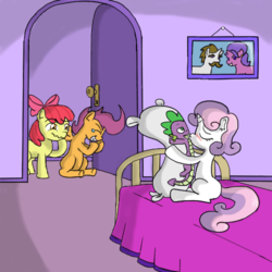 Size: 512x512 | Tagged: artist needed, safe, apple bloom, cookie crumbles, hondo flanks, scootaloo, spike, sweetie belle, g4, amateur, body pillow, caught, cutie mark crusaders, female, filly, foal, kissing, laughing, male, not creepy, ship:spikebelle, shipping, straight