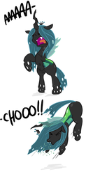 Size: 734x1488 | Tagged: safe, artist:shoutingisfun, queen chrysalis, changeling, changeling queen, g4, crown, female, jewelry, mlpgdraws, regalia, sneezing, solo, spray