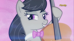 Size: 932x519 | Tagged: safe, screencap, octavia melody, earth pony, pony, g4, season 5, slice of life (episode), cello, cute, female, grin, lidded eyes, looking at you, musical instrument, sexy, smiling, solo