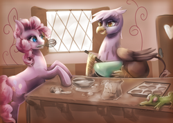 Size: 1200x848 | Tagged: safe, artist:nalenthi, gilda, gummy, pinkie pie, griffon, g4, the lost treasure of griffonstone, baking, cute, diapinkes, eye contact, flour, gildadorable, leaning, mouth hold, open mouth, smiling, stirring