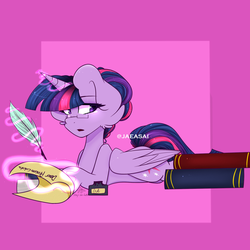 Size: 1800x1800 | Tagged: safe, artist:jaeasai, twilight sparkle, alicorn, pony, g4, book, female, glasses, impossibly large ears, inkwell, magic, mare, paper, quill, solo, telekinesis, twilight sparkle (alicorn)