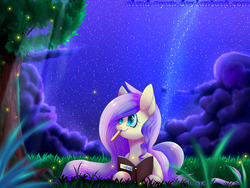 Size: 2000x1500 | Tagged: safe, artist:gnidagovnida, fluttershy, firefly (insect), insect, pegasus, pony, g4, book, cloud, female, grass, lying down, mouth hold, night, pencil, prone, sky, solo, stars, tree