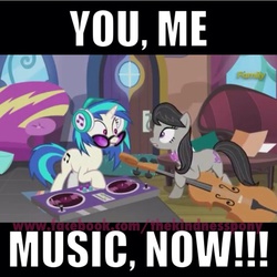 Size: 768x769 | Tagged: safe, edit, edited screencap, screencap, dj pon-3, octavia melody, vinyl scratch, earth pony, pony, unicorn, g4, slice of life (episode), caption, cello, female, mare, musical instrument, musician, text, turntable, vinyl and octavia's home, watermark, you. me. x. now.