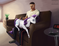 Size: 1280x998 | Tagged: safe, artist:misterjuly, rarity, human, g4, gamer, realistic, sitting on person, uncanny valley