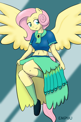 Size: 667x1000 | Tagged: safe, artist:empyu, fluttershy, anthro, g4, belly button, clothes, dress, female, midriff, side slit, solo