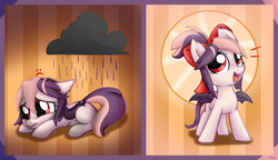 Size: 3551x2040 | Tagged: safe, artist:artoftheghostie, oc, oc only, oc:sweet velvet, bat pony, pony, :c, bow, cloud, contest, cute, female, filly, floppy ears, frown, hair bow, high res, open mouth, prone, rain, ribbon, sad, smiling, solo, spread wings